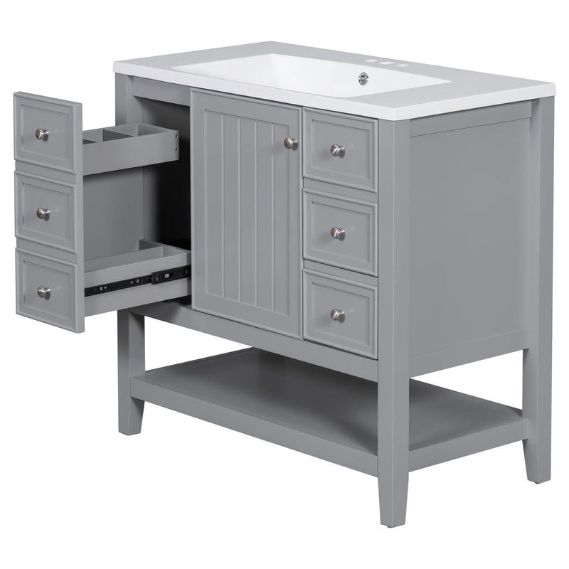 36" Bathroom Vanity with Sink Combo, One Cabinet and Three Drawers, Solid Wood and MDF Board, Grey - Supfirm