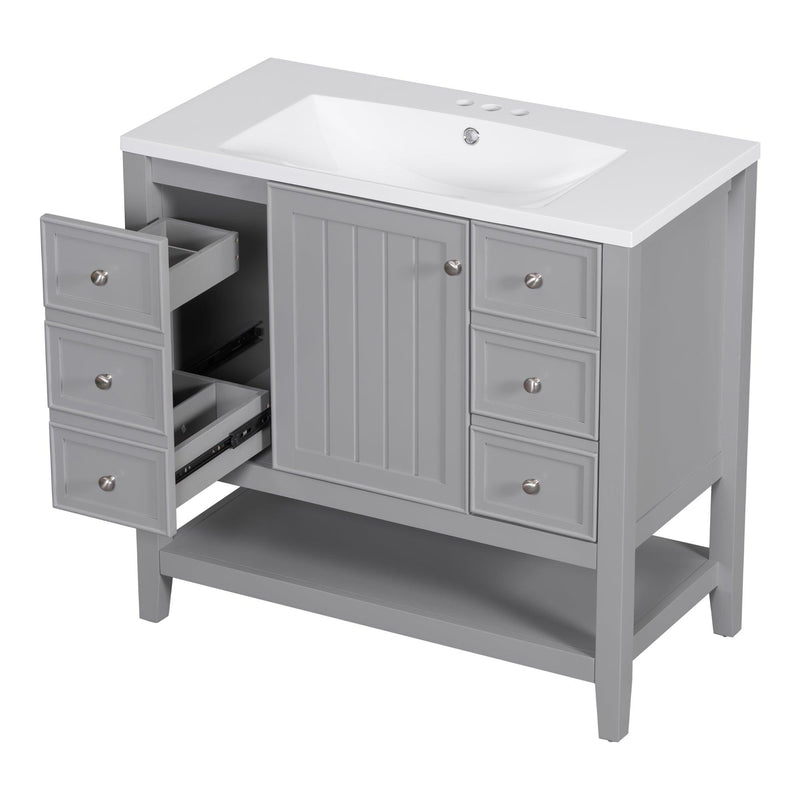 36" Bathroom Vanity with Sink Combo, One Cabinet and Three Drawers, Solid Wood and MDF Board, Grey - Supfirm