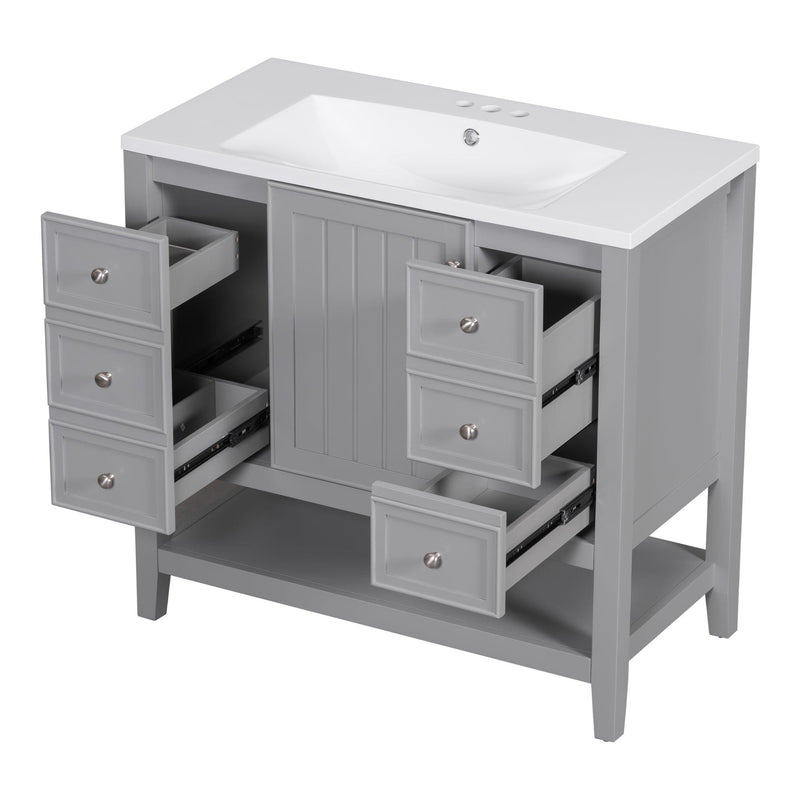 36" Bathroom Vanity with Sink Combo, One Cabinet and Three Drawers, Solid Wood and MDF Board, Grey - Supfirm