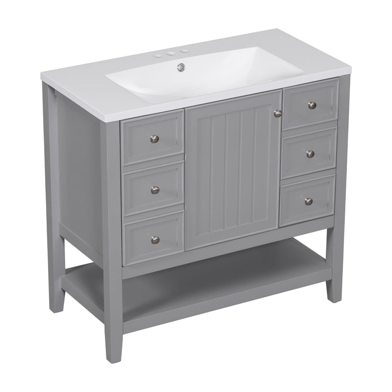 36" Bathroom Vanity with Sink Combo, One Cabinet and Three Drawers, Solid Wood and MDF Board, Grey - Supfirm