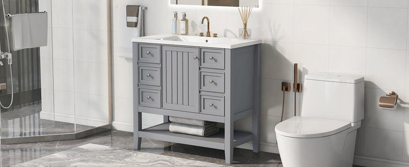 36" Bathroom Vanity with Sink Combo, One Cabinet and Three Drawers, Solid Wood and MDF Board, Grey - Supfirm