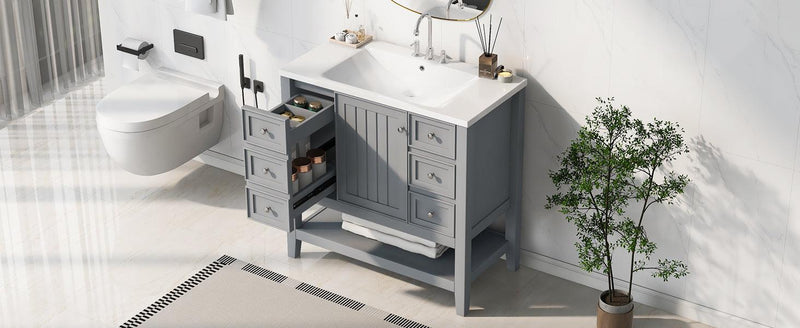 36" Bathroom Vanity with Sink Combo, One Cabinet and Three Drawers, Solid Wood and MDF Board, Grey - Supfirm