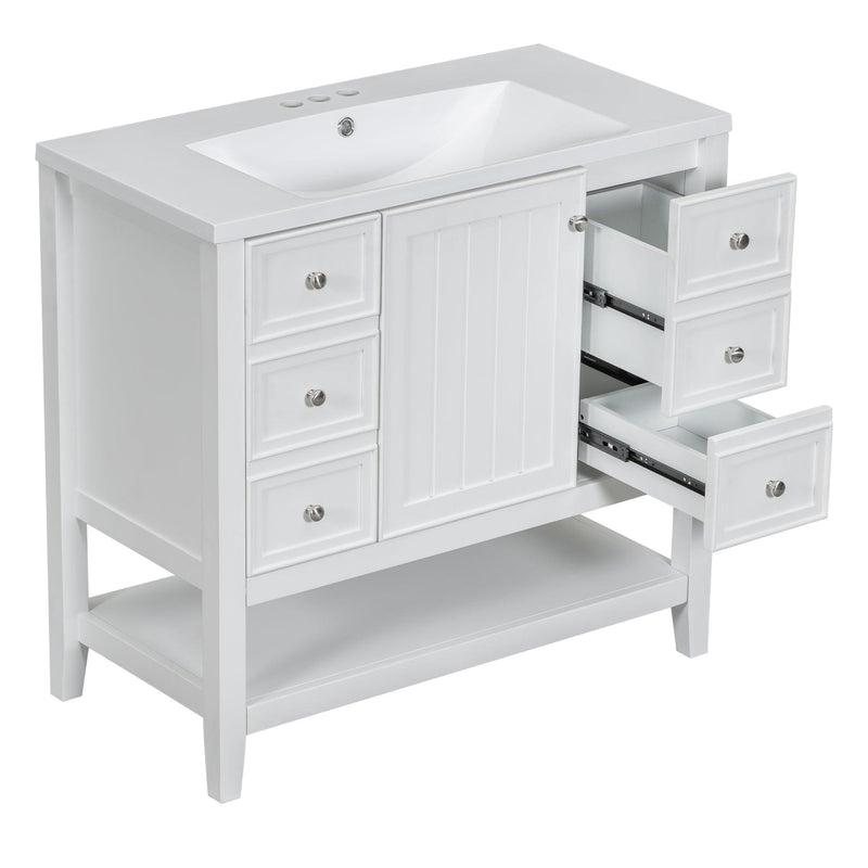 36" Bathroom Vanity with Sink Combo, One Cabinet and Three Drawers, Solid Wood and MDF Board, White - Supfirm