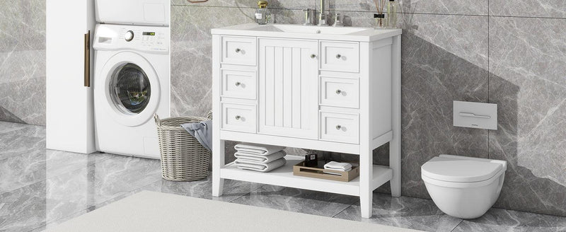 36" Bathroom Vanity with Sink Combo, One Cabinet and Three Drawers, Solid Wood and MDF Board, White - Supfirm