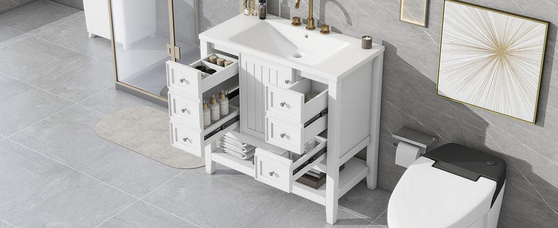 36" Bathroom Vanity with Sink Combo, One Cabinet and Three Drawers, Solid Wood and MDF Board, White - Supfirm