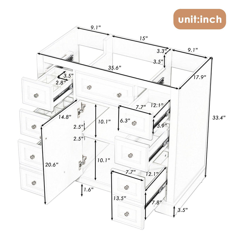 36" Bathroom Vanity without Sink, Cabinet Base Only, One Cabinet and Six Drawers, White - Supfirm