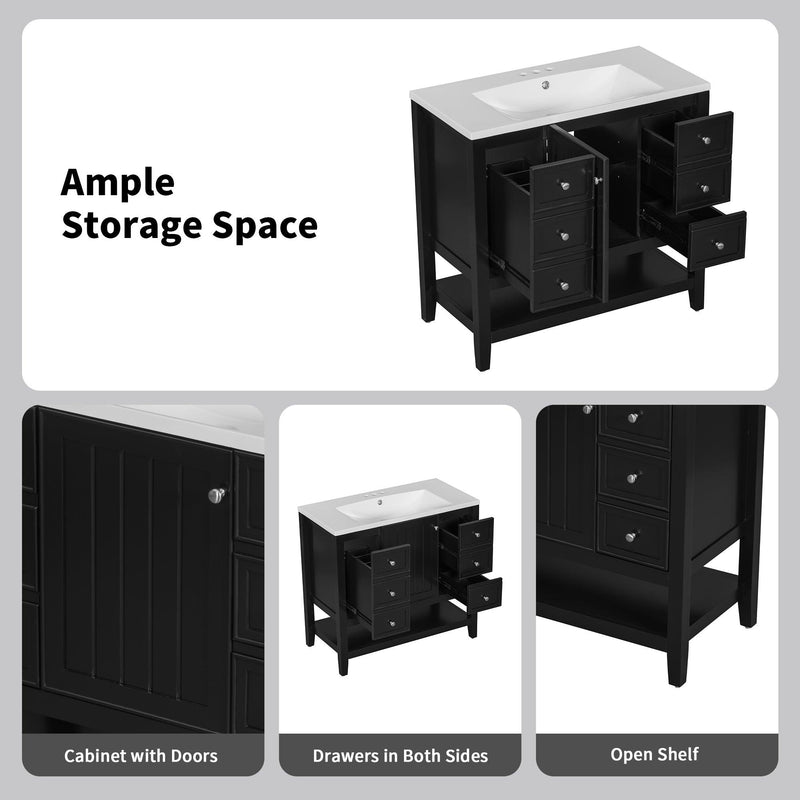 36" Bathroom Vanity without Sink, Cabinet Base Only, One Cabinet and three Drawers, Black - Supfirm