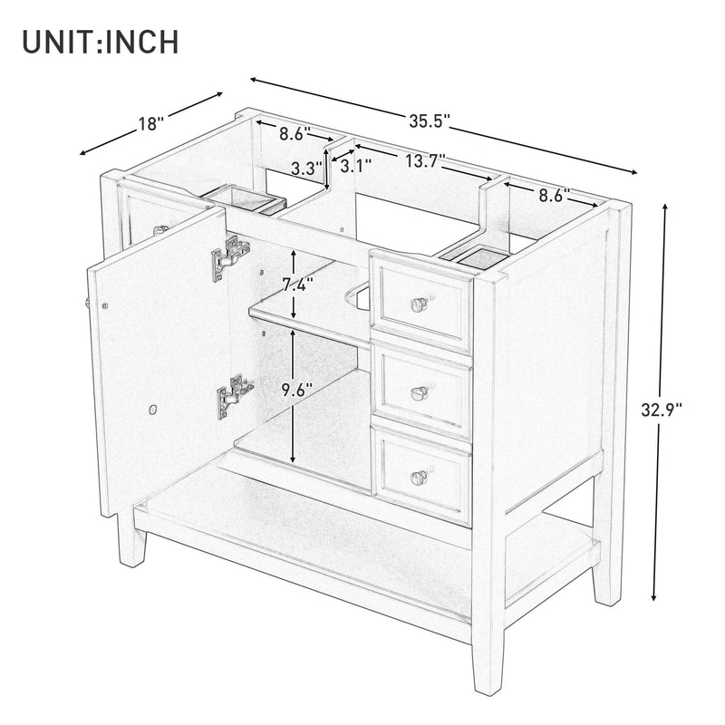 36" Bathroom Vanity without Sink, Cabinet Base Only, One Cabinet and three Drawers, Black - Supfirm