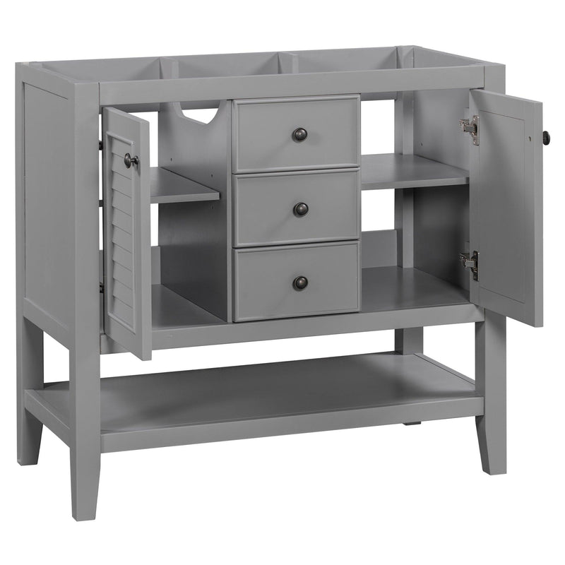 36" Bathroom Vanity without Sink, Cabinet Base Only, Two Cabinets and Drawers, Open Shelf, Solid Wood Frame, Grey - Supfirm