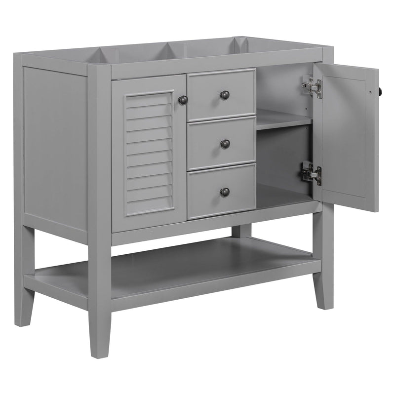 36" Bathroom Vanity without Sink, Cabinet Base Only, Two Cabinets and Drawers, Open Shelf, Solid Wood Frame, Grey - Supfirm