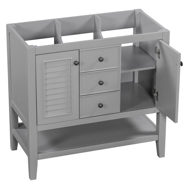 36" Bathroom Vanity without Sink, Cabinet Base Only, Two Cabinets and Drawers, Open Shelf, Solid Wood Frame, Grey - Supfirm