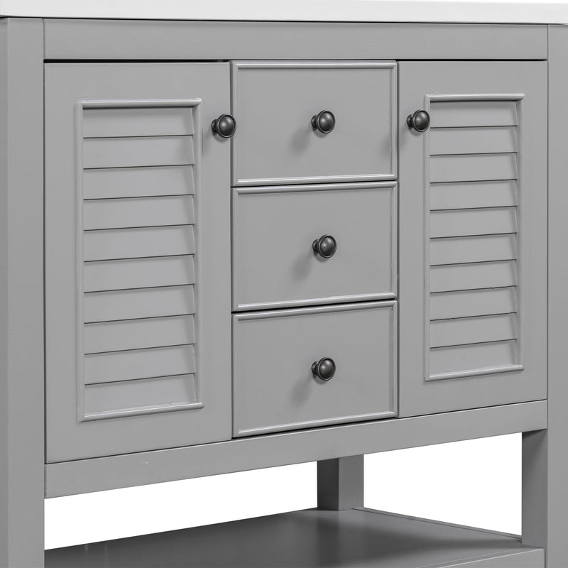 36" Bathroom Vanity without Sink, Cabinet Base Only, Two Cabinets and Drawers, Open Shelf, Solid Wood Frame, Grey - Supfirm