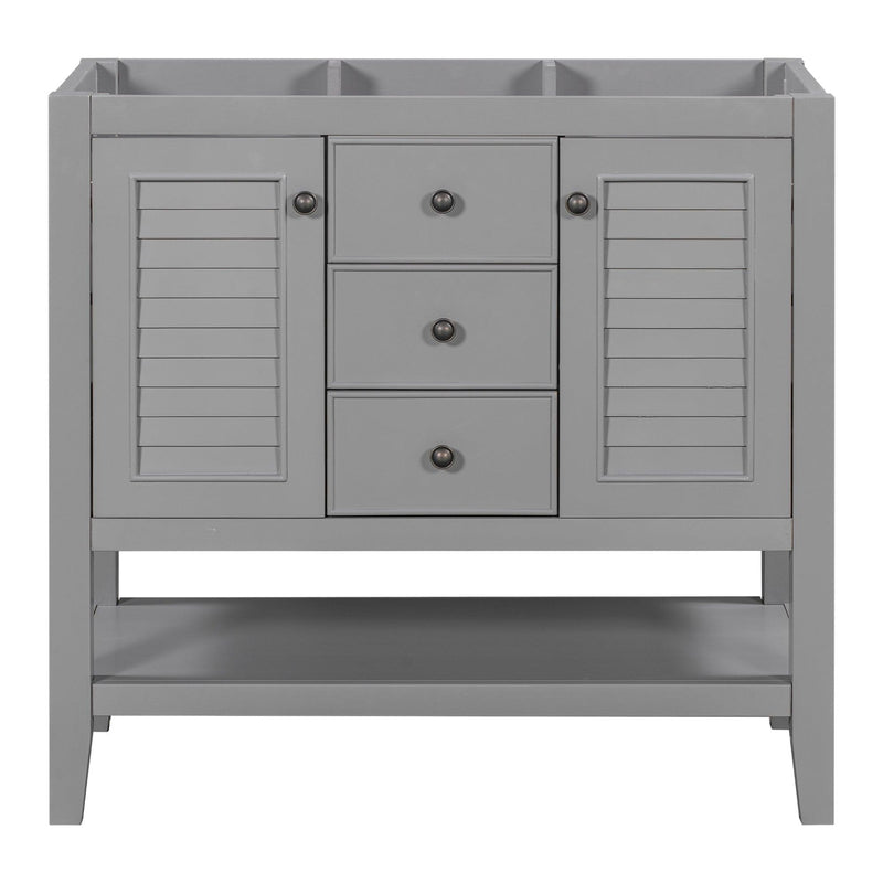 36" Bathroom Vanity without Sink, Cabinet Base Only, Two Cabinets and Drawers, Open Shelf, Solid Wood Frame, Grey - Supfirm