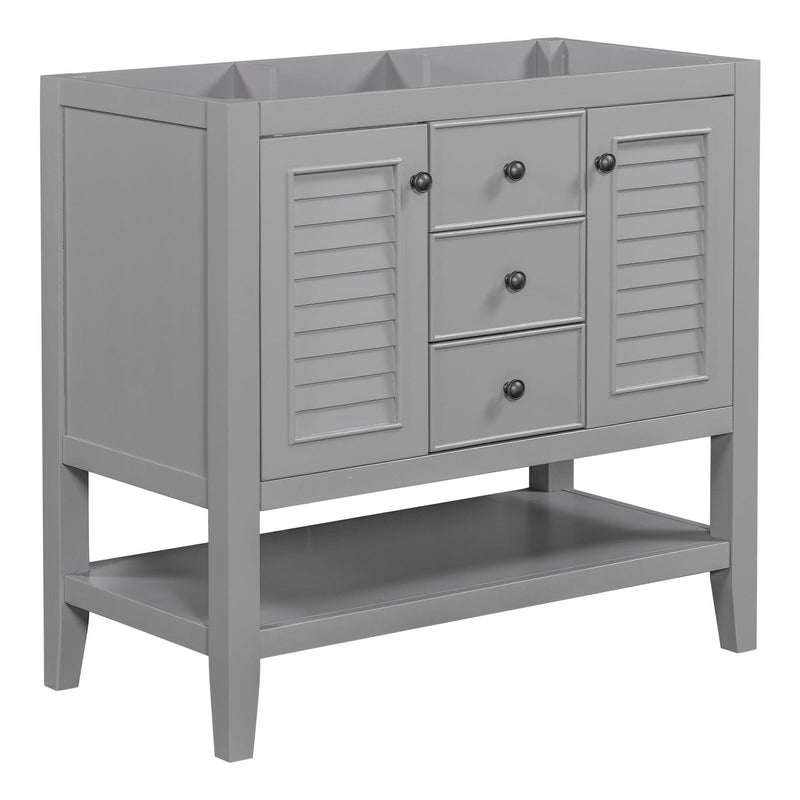 36" Bathroom Vanity without Sink, Cabinet Base Only, Two Cabinets and Drawers, Open Shelf, Solid Wood Frame, Grey - Supfirm