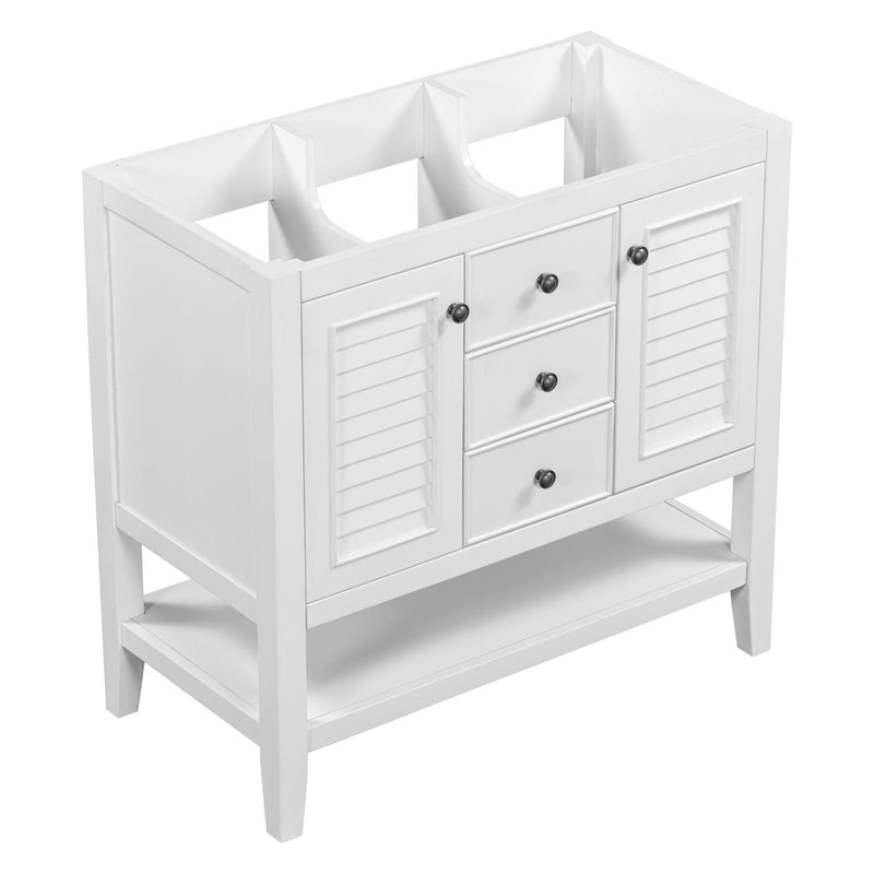 36" Bathroom Vanity without Sink, Cabinet Base Only, Two Cabinets and Drawers, Open Shelf, Solid Wood Frame, White - Supfirm