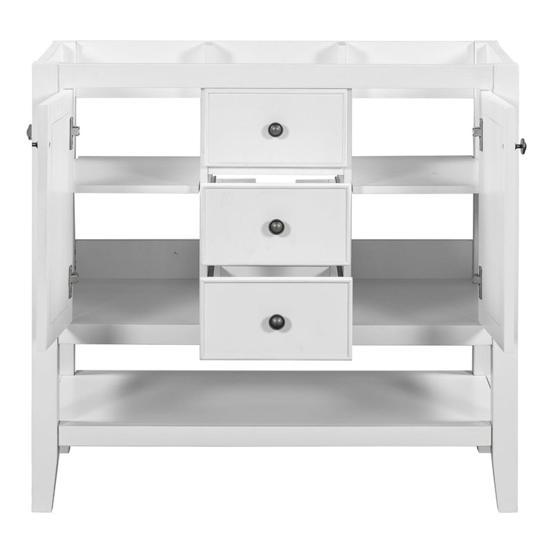 36" Bathroom Vanity without Sink, Cabinet Base Only, Two Cabinets and Drawers, Open Shelf, Solid Wood Frame, White - Supfirm