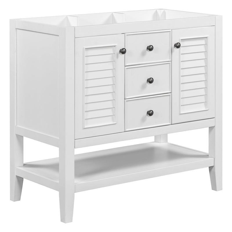 36" Bathroom Vanity without Sink, Cabinet Base Only, Two Cabinets and Drawers, Open Shelf, Solid Wood Frame, White - Supfirm