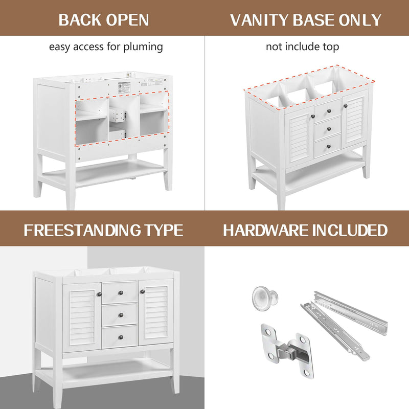 36" Bathroom Vanity without Sink, Cabinet Base Only, Two Cabinets and Drawers, Open Shelf, Solid Wood Frame, White - Supfirm