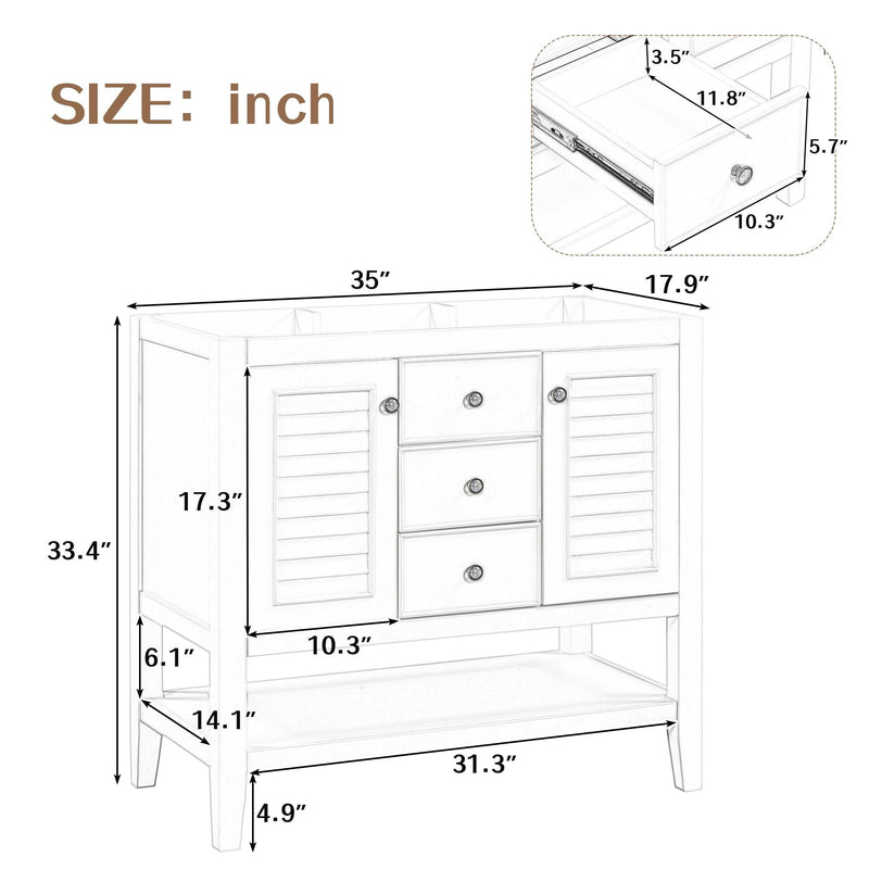 36" Bathroom Vanity without Sink, Cabinet Base Only, Two Cabinets and Drawers, Open Shelf, Solid Wood Frame, White - Supfirm