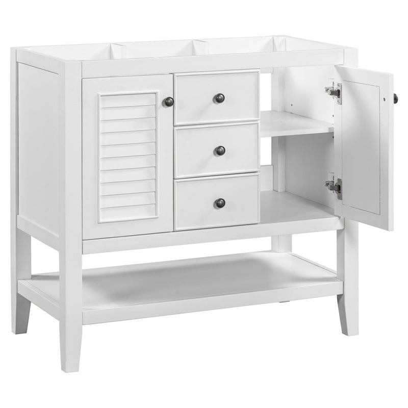 36" Bathroom Vanity without Sink, Cabinet Base Only, Two Cabinets and Drawers, Open Shelf, Solid Wood Frame, White - Supfirm