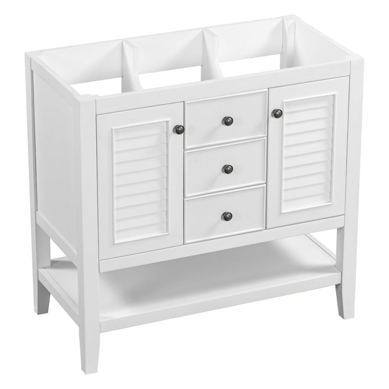 36" Bathroom Vanity without Sink, Cabinet Base Only, Two Cabinets and Drawers, Open Shelf, Solid Wood Frame, White - Supfirm