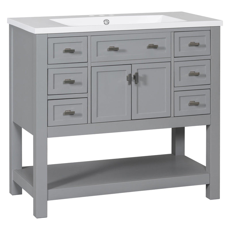 36'' Bathroom Vanity without Top Sink, Grey Cabinet only, Modern Bathroom Storage Cabinet with 2 Soft Closing Doors and 6 Drawers (NOT INCLUDE BATHROOM VANITY SINK) - Supfirm