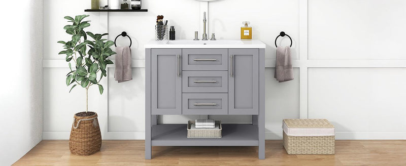 36-Inch Grey Bathroom Vanity with Solid Wood Frame and MDF, Resin Basin, 2 Drawers, 2 Cabinet Doors, 2 Adjustable Shelvesdoor,Single Resin Sink,Small Bathroom Organization Cabinet - Supfirm