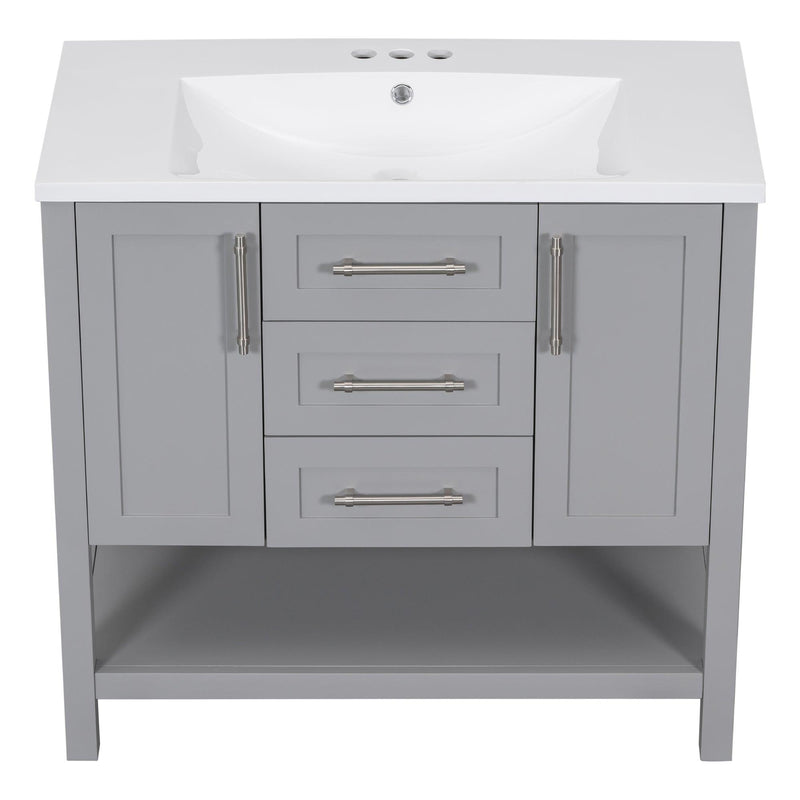 36-Inch Grey Bathroom Vanity with Solid Wood Frame and MDF, Resin Basin, 2 Drawers, 2 Cabinet Doors, 2 Adjustable Shelvesdoor,Single Resin Sink,Small Bathroom Organization Cabinet - Supfirm