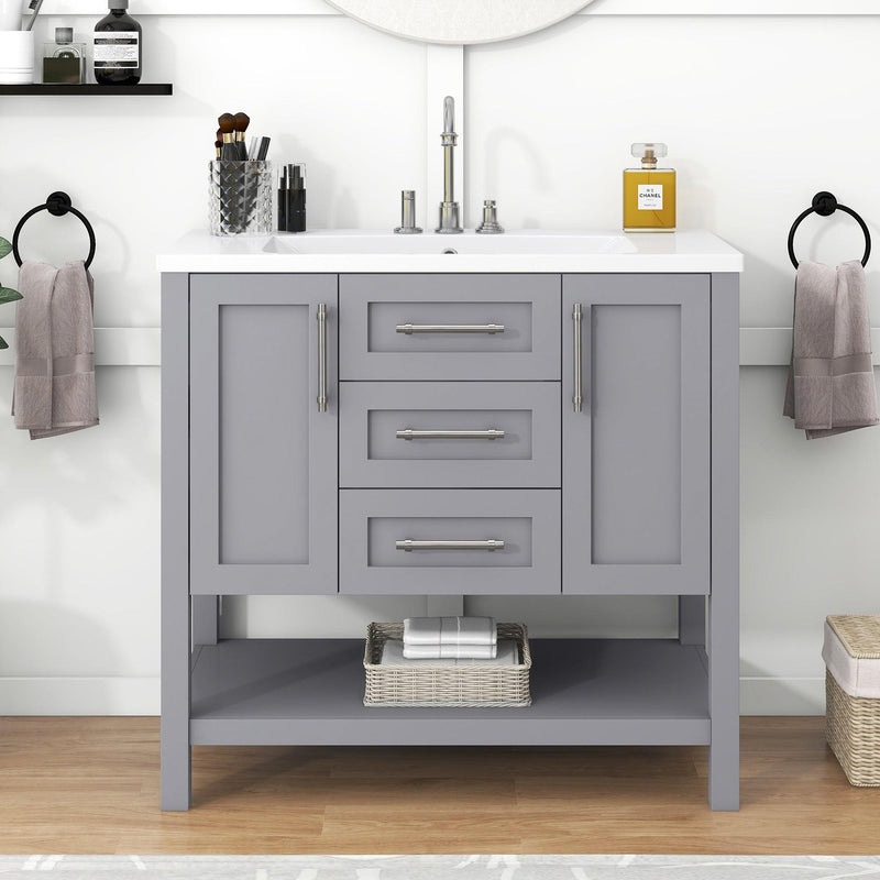 36-Inch Grey Bathroom Vanity with Solid Wood Frame and MDF, Resin Basin, 2 Drawers, 2 Cabinet Doors, 2 Adjustable Shelvesdoor,Single Resin Sink,Small Bathroom Organization Cabinet - Supfirm