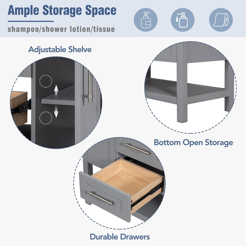 36-Inch Grey Bathroom Vanity with Solid Wood Frame and MDF, Resin Basin, 2 Drawers, 2 Cabinet Doors, 2 Adjustable Shelvesdoor,Single Resin Sink,Small Bathroom Organization Cabinet - Supfirm