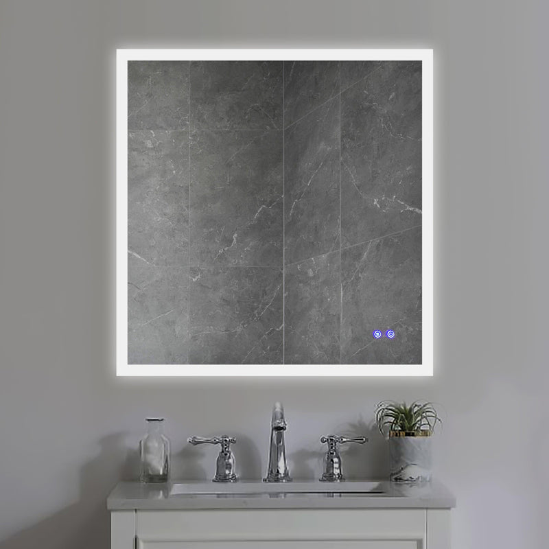 36 x 36 Inch Frameless LED Illuminated Bathroom Wall Mirror, Touch Button Defogger, Square, Silver - Supfirm