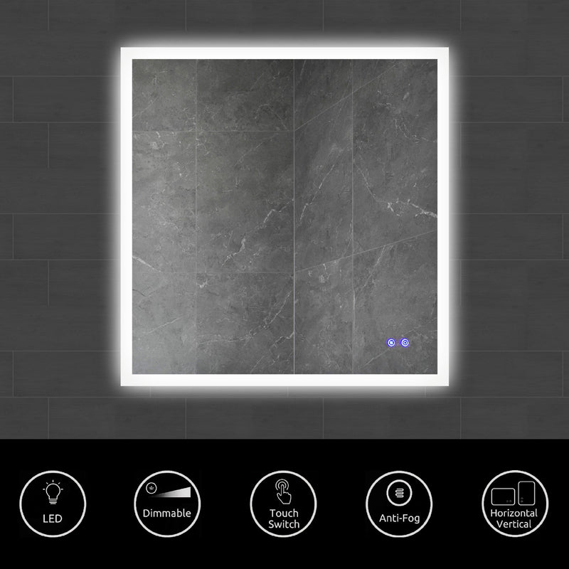 36 x 36 Inch Frameless LED Illuminated Bathroom Wall Mirror, Touch Button Defogger, Square, Silver - Supfirm