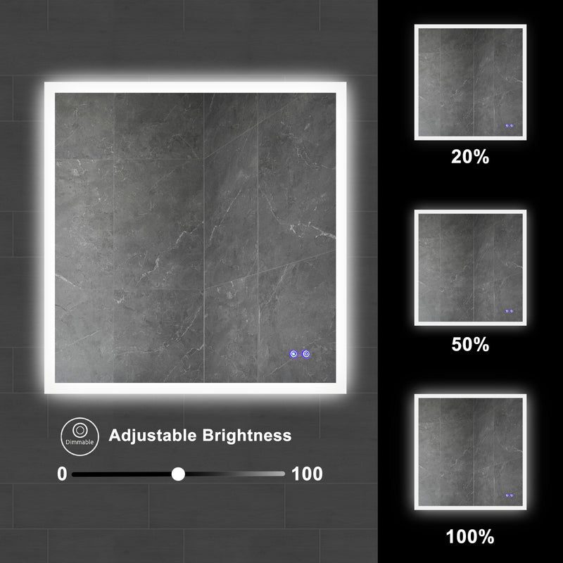 36 x 36 Inch Frameless LED Illuminated Bathroom Wall Mirror, Touch Button Defogger, Square, Silver - Supfirm