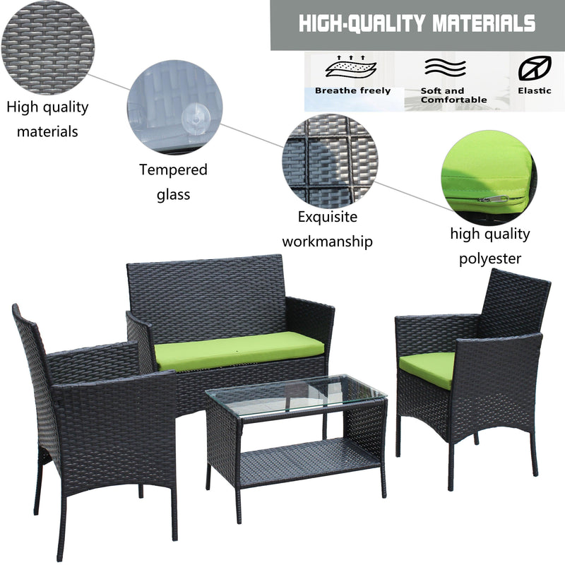 4 PC Rattan Patio Furniture Set Outdoor Patio Cushioned Seat Wicker Sofa (green Cushion) - Supfirm