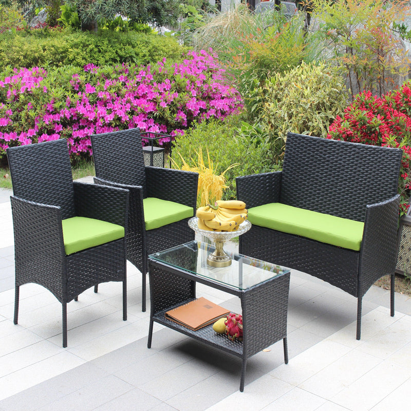 4 PC Rattan Patio Furniture Set Outdoor Patio Cushioned Seat Wicker Sofa (green Cushion) - Supfirm