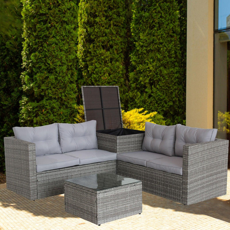 4 Piece Patio Sectional Wicker Rattan Outdoor Furniture Sofa Set with Storage Box Grey - Supfirm