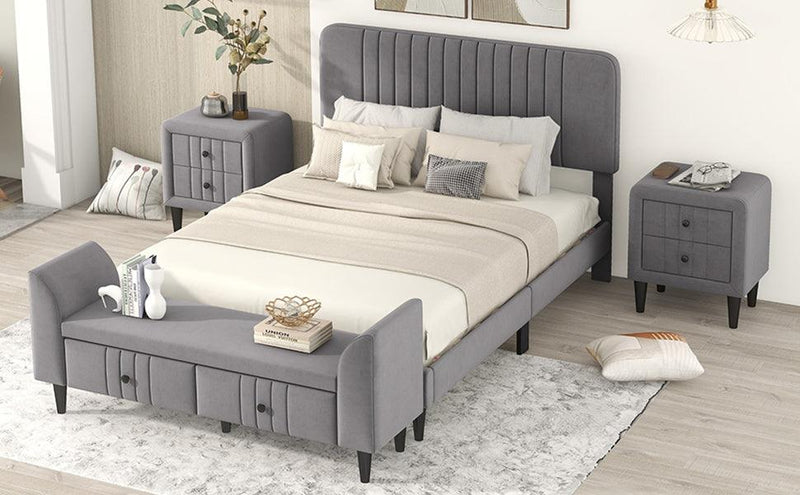 4-Pieces Bedroom Sets Full Size Upholstered Platform Bed with Two Nightstands and Storage Bench-Gray - Supfirm