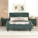 4-Pieces Bedroom Sets Queen Size Upholstered Platform Bed with Two Nightstands and Storage Bench-Green - Supfirm