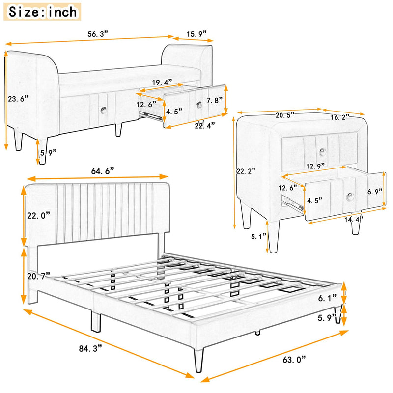 4-Pieces Bedroom Sets Queen Size Upholstered Platform Bed with Two Nightstands and Storage Bench-Green - Supfirm