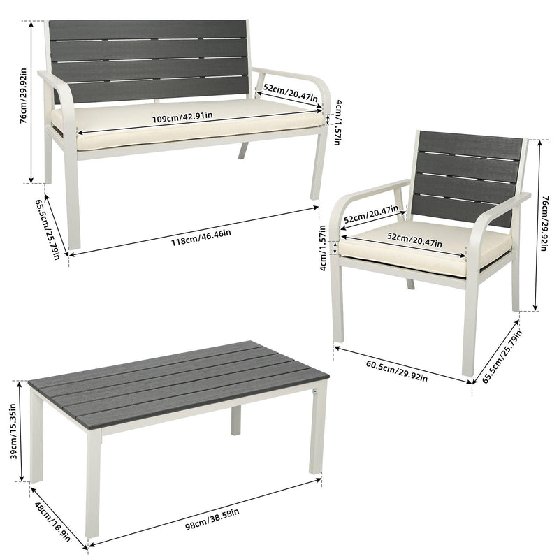 4 Pieces Patio Garden Sofa Conversation Set Wood Grain Design PE Steel Frame Loveseat All Weather Outdoor Furniture Set with Cushions Coffee Table for Backyard Balcony Lawn White - Supfirm