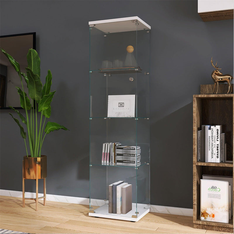 4 Shelves Glass Cabinet Glass Display Cabinet with One Door, White - Supfirm