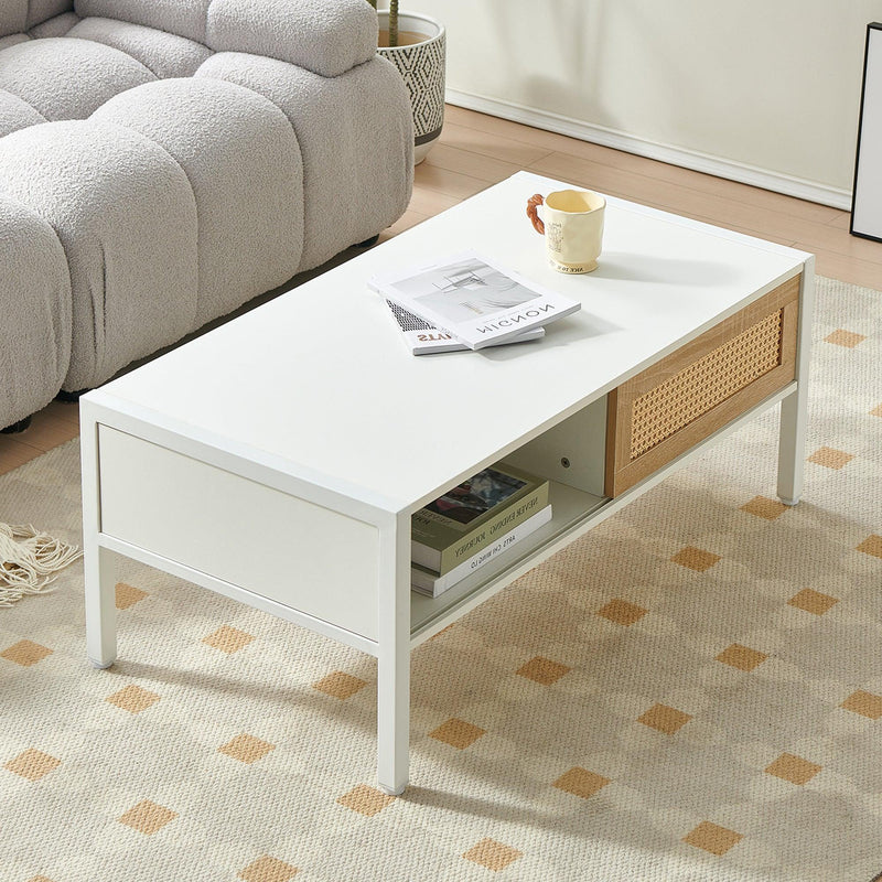 40.16" Rattan Coffee table, sliding door for storage, metal legs, Modern table for living room , white - Supfirm