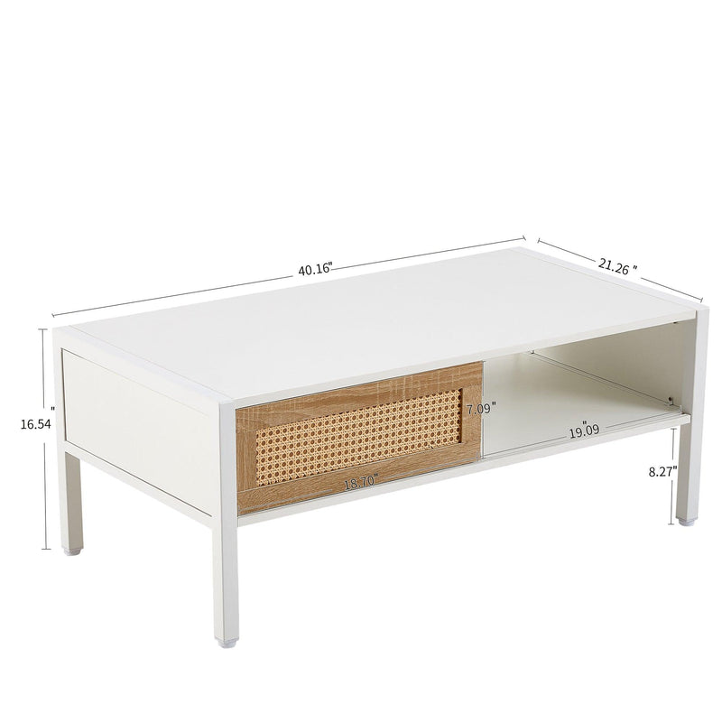 40.16" Rattan Coffee table, sliding door for storage, metal legs, Modern table for living room , white - Supfirm