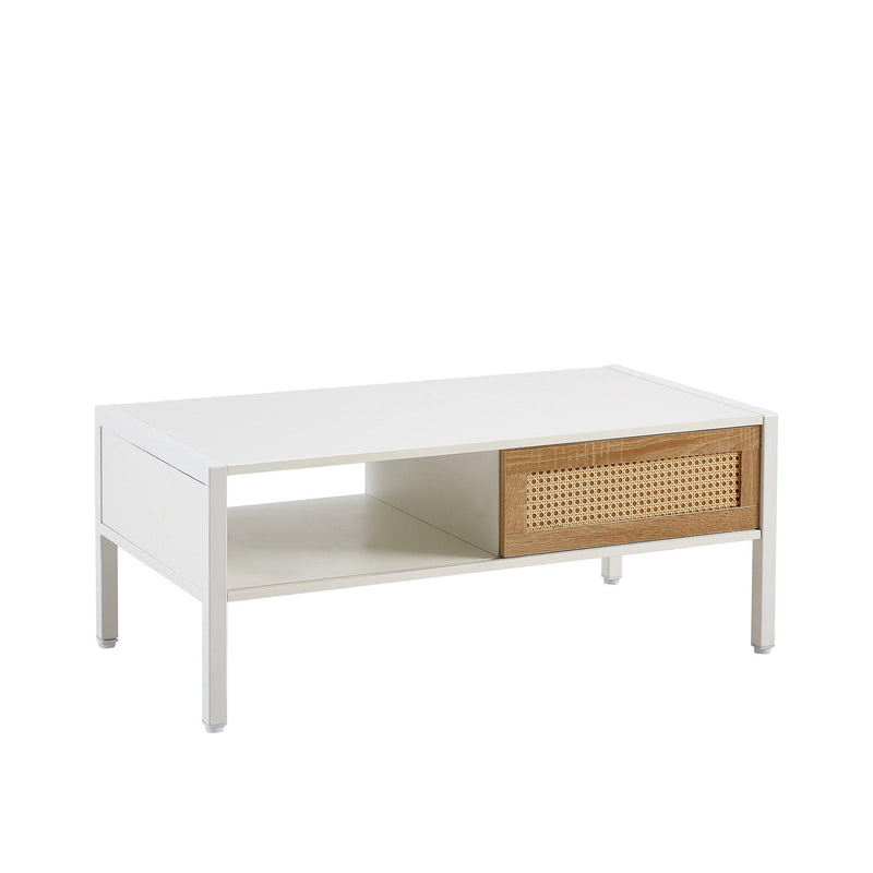 40.16" Rattan Coffee table, sliding door for storage, metal legs, Modern table for living room , white - Supfirm