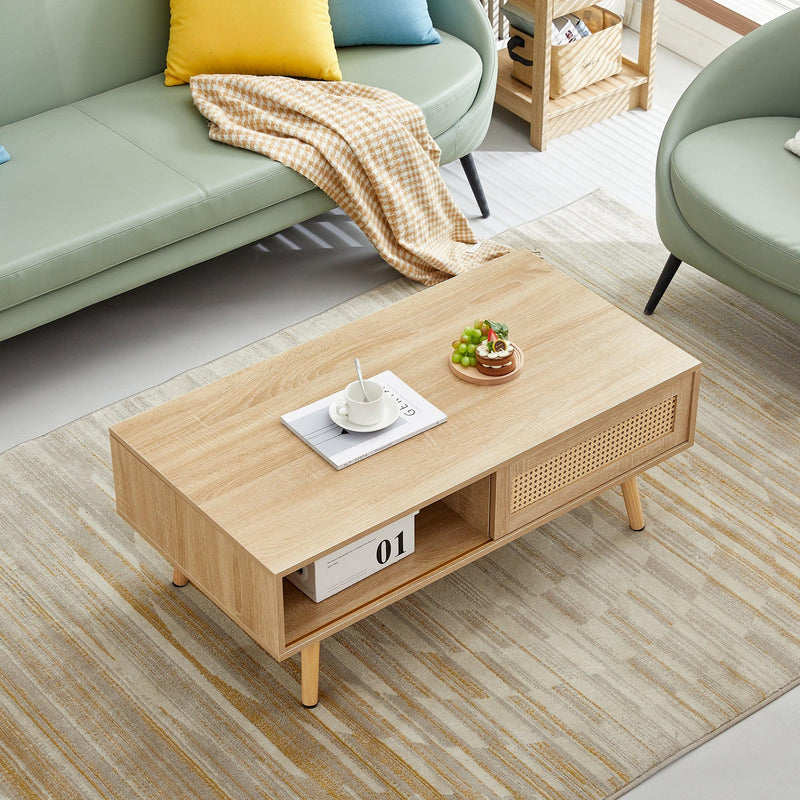 41.34" Rattan Coffee table, sliding door for storage, solid wood legs, Modern table for living room , natural - Supfirm