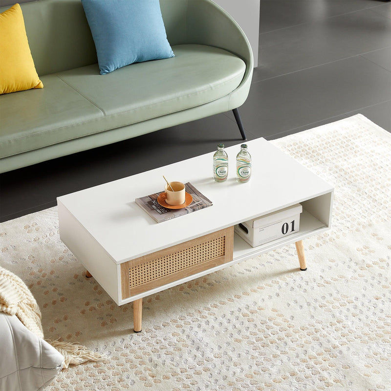 41.34" Rattan Coffee table, sliding door for storage, solid wood legs, Modern table for living room ,White - Supfirm