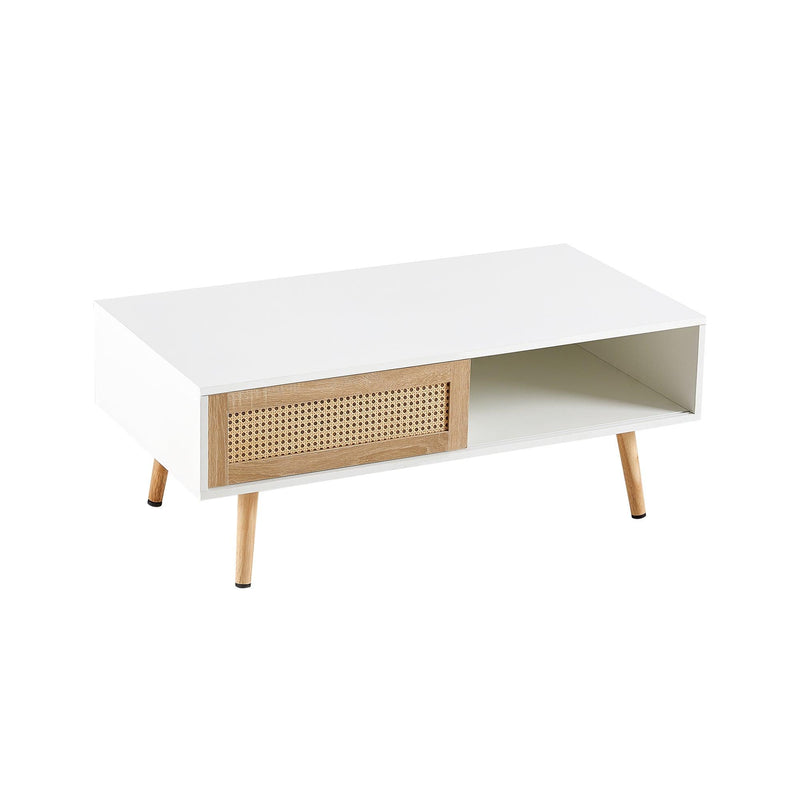 41.34" Rattan Coffee table, sliding door for storage, solid wood legs, Modern table for living room ,White - Supfirm