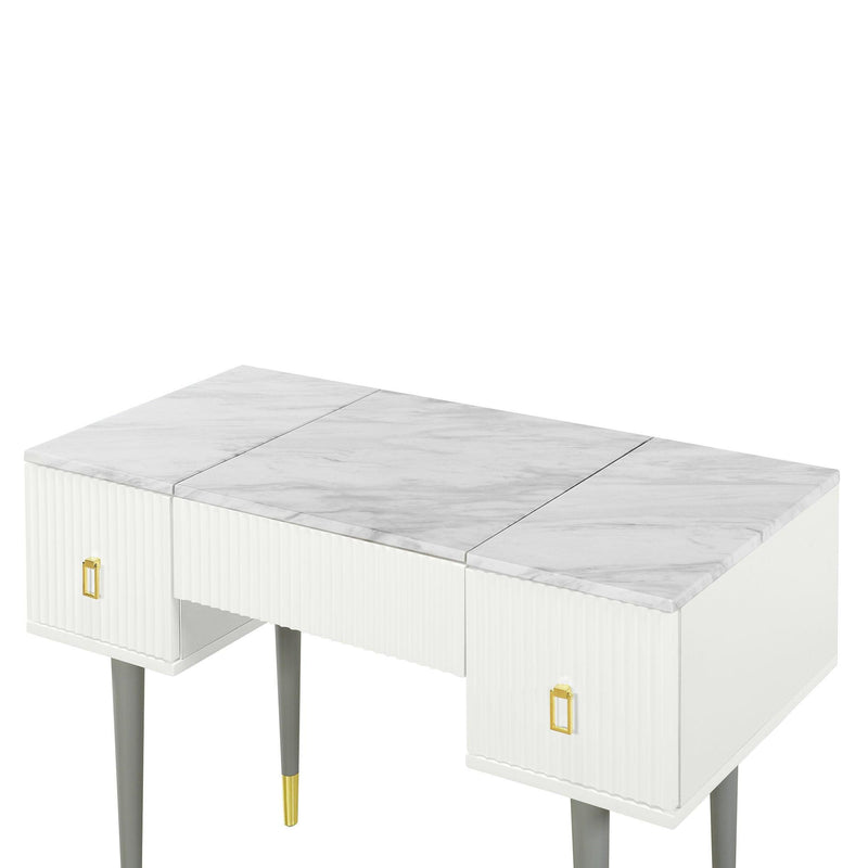 43.3" Modern Vanity Table Set with Flip-top Mirror and LED Light, Dressing Table with Customizable Storage, Marble-style Stickers Tabletop, White and Gray - Supfirm