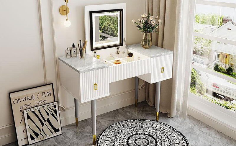 43.3" Modern Vanity Table Set with Flip-top Mirror and LED Light, Dressing Table with Customizable Storage, Marble-style Stickers Tabletop, White and Gray - Supfirm