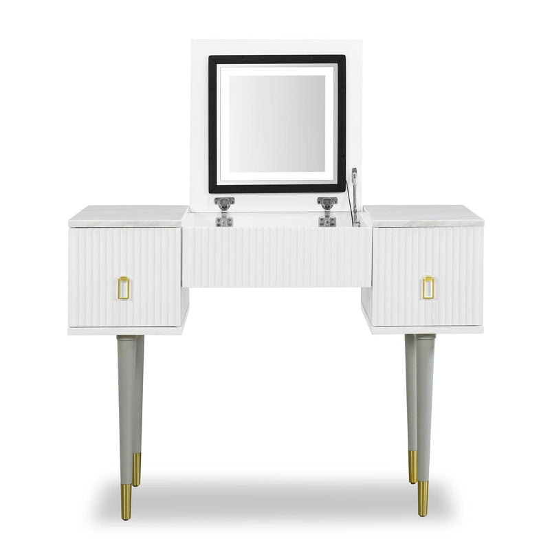 43.3" Modern Vanity Table Set with Flip-top Mirror and LED Light, Dressing Table with Customizable Storage, Marble-style Stickers Tabletop, White and Gray - Supfirm